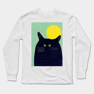 Big Black Cat Retro Poster Vintage Art Black cat Wall Turquoise Kitty Illustration Long Sleeve T-Shirt